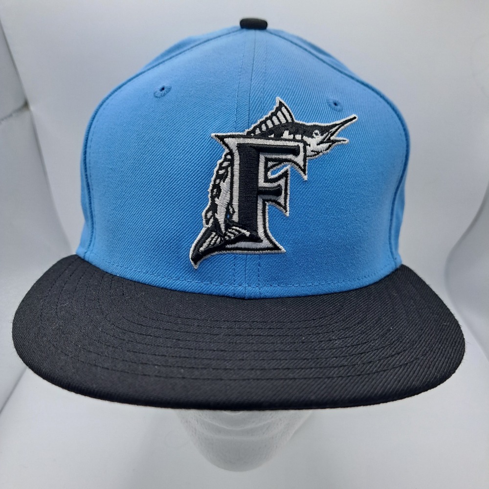 New Era Florida Marlins Hat Mens 7 1/4 Blue Black 59FIFTY Fitted MLB Cap